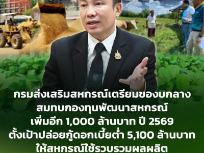 กรมส่งเสริมสหกรณ์เตรียมชงรัฐบาลของบกลางสมทบกองทุนพัฒนาสหกรณ์เพิ่มอีก 1,000 ล้านบาท ปี 2569 ตั้งเป้าปล่อยกู้ดอกเบี้ยต่ำ 5,100 ล้านบาท ให้สหกรณ์ใช้รวบรวมผลผลิตและพยุงราคาสินค้าเกษตร ... พารามิเตอร์รูปภาพ 1